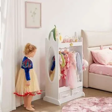 GTOLV Kids Dress Up Storage with Mirror, Kids Armoire with Non-Woven Drawers, Open Costume Closet wi...