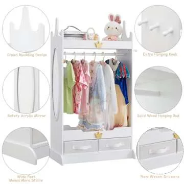 GTOLV Kids Dress Up Storage with Mirror, Kids Armoire with Non-Woven Drawers, Open Costume Closet with Hanging Rack for Toddlers (White)