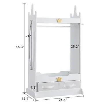 GTOLV Kids Dress Up Storage with Mirror, Kids Armoire with Non-Woven Drawers, Open Costume Closet with Hanging Rack for Toddlers (White)