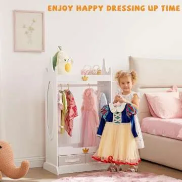 GTOLV Kids Dress Up Storage with Mirror, Kids Armoire with Non-Woven Drawers, Open Costume Closet with Hanging Rack for Toddlers (White)