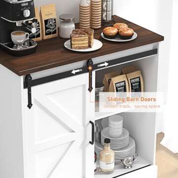 HOMFAMILIA 31.5" H Farmhouse Coffee Bar Cabinet w/Storage, White Kitchen Sideboard Buffet Cabinet with Sliding Barn Door, Rustic Accent Console with Adjustable Shelves, for Kitchen, Living Room