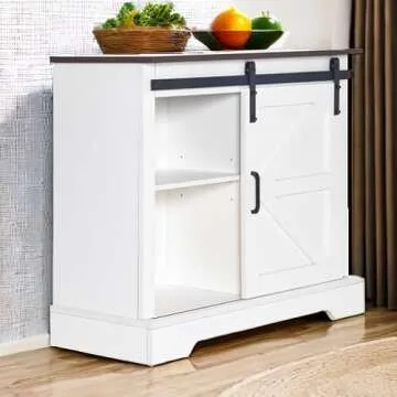 HOMFAMILIA 31.5" H Farmhouse Coffee Bar Cabinet w/Storage, White Kitchen Sideboard Buffet Cabinet with Sliding Barn Door, Rustic Accent Console with Adjustable Shelves, for Kitchen, Living Room