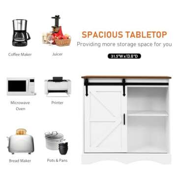 HOMFAMILIA 31.5" H Farmhouse Coffee Bar Cabinet w/Storage, White Kitchen Sideboard Buffet Cabinet with Sliding Barn Door, Rustic Accent Console with Adjustable Shelves, for Kitchen, Living Room