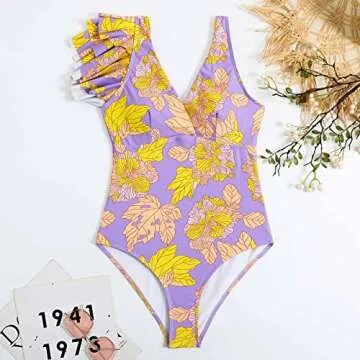 2 Piece Swimsuits for Women: Floral One Piece Swimwear with Beach Cover up Wrap Skirt Sexy Bikini Sets Summer Tropical Outfits Bathing Suits Sarong Coverups Monokini Beachwear Light Purple Medium