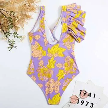 2 Piece Swimsuits for Women: Floral One Piece Swimwear with Beach Cover up Wrap Skirt Sexy Bikini Sets Summer Tropical Outfits Bathing Suits Sarong Coverups Monokini Beachwear Light Purple Medium