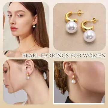 Gold/Silver Pearl Earrings for Women : Stainless Steel Faux Big Pearl Drop Earrings Dangling for, Trendy Hypoallergenic 14K Gold Plated Dangle Earrings Wedding Jewelry Gifts,Gold