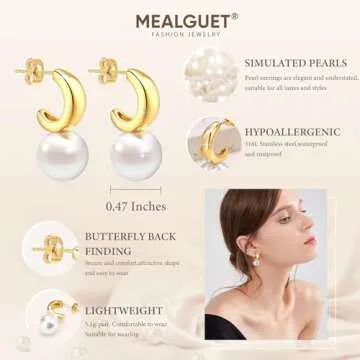 Gold/Silver Pearl Earrings for Women : Stainless Steel Faux Big Pearl Drop Earrings Dangling for, Trendy Hypoallergenic 14K Gold Plated Dangle Earrings Wedding Jewelry Gifts,Gold
