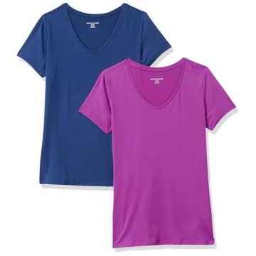 Amazon Essentials Women's Tech Stretch V-Neck T-Shirt in Navy and Orchid Purple, 2-Pack, Size Large