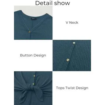 MIHOLL Womens Loose Blouse Long Sleeve V Neck Button Down T Shirts Tie Front Knot Casual Tops (Small, 1a- Blue (Long Sleeve))