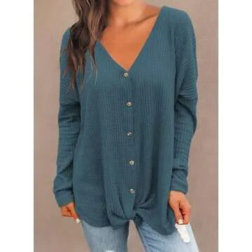 MIHOLL Womens Loose Blouse Long Sleeve V Neck Button Down T Shirts Tie Front Knot Casual Tops (Small, 1a- Blue (Long Sleeve))