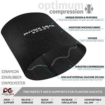 Physix Gear Arch Support Bands for Foot discomfort comfort - Arch comfort Compression Bands, Arch Support Band for Plantar Fasciitis, Arch Compression Support, Arch Sleeves, Foot Arch, Black, S