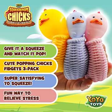Yoya Toys Squeeze pops Chick Squishy - Bird Squishy Fidget Toy, Popping Egg Chicken Plush - Pop Up Fidget Toy, Stress Relief Squishy Toy - Autism/ADHD Fidget - Set of 3 Chicken Nugget Squishy