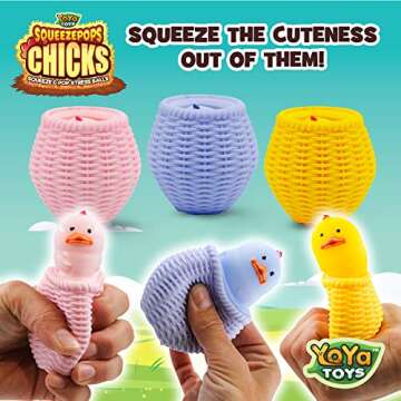Yoya Toys Squeeze pops Chick Squishy - Bird Squishy Fidget Toy, Popping Egg Chicken Plush - Pop Up Fidget Toy, Stress Relief Squishy Toy - Autism/ADHD Fidget - Set of 3 Chicken Nugget Squishy
