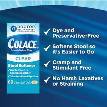 Colace Clear Stool Softener Soft Gel Capsules Constipation Relief 50mg Docusate Sodium Doctor Recommended 60ct