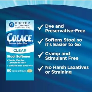 Colace Clear Stool Softener Soft Gel Capsules Constipation Relief 50mg Docusate Sodium Doctor Recommended 60ct