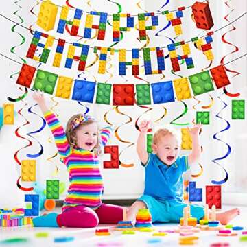 23 Pieces Building Block Birthday Party Backdrop Supplies Include Colorful Building Blocks Banners and Building Theme Hanging Swirls for Birthday Building Blocks Theme Party Decorations