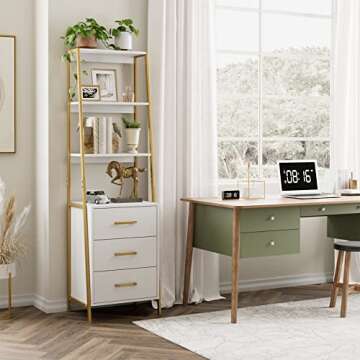 HITHOS White Gold 4-Tier Bookshelf, Tall Bookcase with 3 Wooden Drawers, Modern Ladder Book Shlef St...