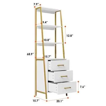 HITHOS White Gold 4-Tier Bookshelf, Tall Bookcase with 3 Wooden Drawers, Modern Ladder Book Shlef Storage Organizer for Living Room, Entryway, Office