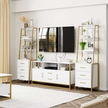 HITHOS White Gold 4-Tier Bookshelf, Tall Bookcase with 3 Wooden Drawers, Modern Ladder Book Shlef Storage Organizer for Living Room, Entryway, Office