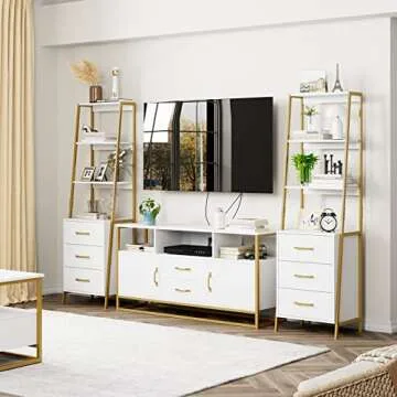 HITHOS White Gold 4-Tier Bookshelf, Tall Bookcase with 3 Wooden Drawers, Modern Ladder Book Shlef Storage Organizer for Living Room, Entryway, Office