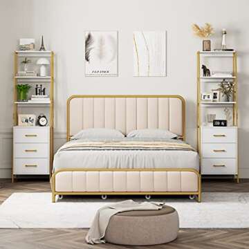 HITHOS White Gold 4-Tier Bookshelf, Tall Bookcase with 3 Wooden Drawers, Modern Ladder Book Shlef Storage Organizer for Living Room, Entryway, Office