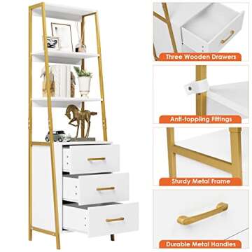 HITHOS White Gold 4-Tier Bookshelf, Tall Bookcase with 3 Wooden Drawers, Modern Ladder Book Shlef Storage Organizer for Living Room, Entryway, Office