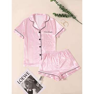 LYANER Women's Notch V Neck Button Up Short Sleeve Shirt and Shorts Pajamas Set Pink Small