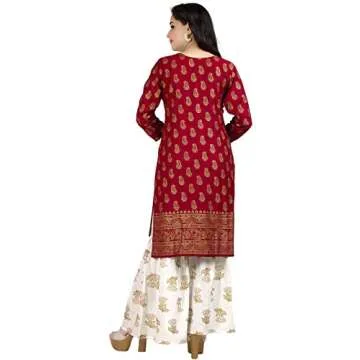 Chandrakala Kurti Sharara Set For Women Rayon Tunic Suit Sets Indian Summer Dress Red-White,X-Large (K163RED4)