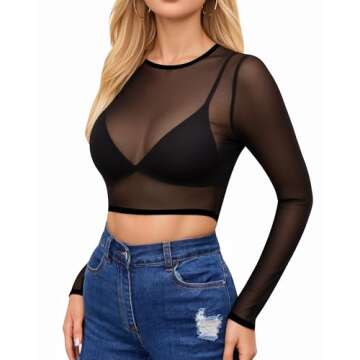 MANGOPOP Women's Short Sleeve Long Sleeve Sheer Mesh Crop Tops Tee Shirt Blouse