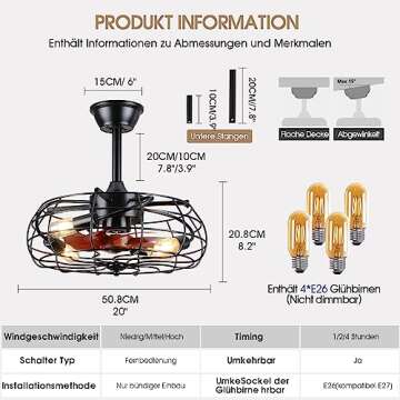 Mpayel Farmhouse Ceiling Fan with Light and Remote Control, Caged Ceiling Fan with 4 Led Bulbs, Enclosed Ceiling Fan with LED Light for Porch,Patios,Kitchen,Bedroom Indoor and Outdoor…