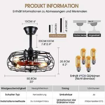 Mpayel Farmhouse Ceiling Fan with Light and Remote Control, Caged Ceiling Fan with 4 Led Bulbs, Enclosed Ceiling Fan with LED Light for Porch,Patios,Kitchen,Bedroom Indoor and Outdoor…