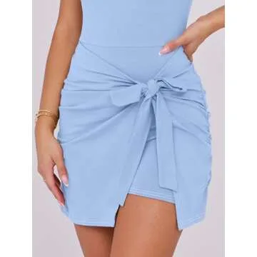 Caracilia Women Tennis Dress Built in Shorts Summer Sleeveless Bodycon Tie Cinched Waist Mini Athletic Romper Skort Dresses Sky Blue Large