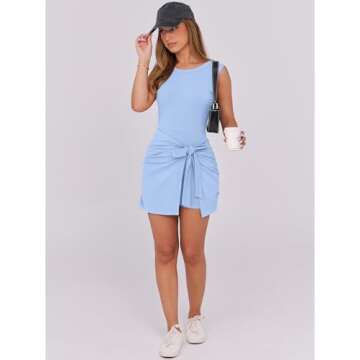 Caracilia Women Tennis Dress Built in Shorts Summer Sleeveless Bodycon Tie Cinched Waist Mini Athletic Romper Skort Dresses Sky Blue Large