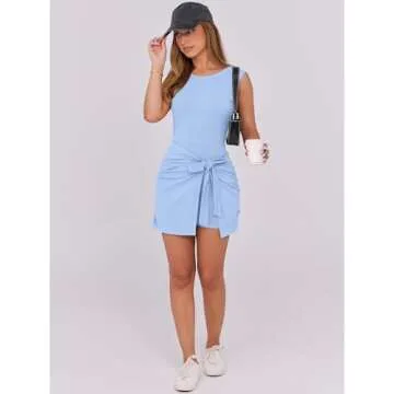Caracilia Women Tennis Dress Built in Shorts Summer Sleeveless Bodycon Tie Cinched Waist Mini Athletic Romper Skort Dresses Sky Blue Large