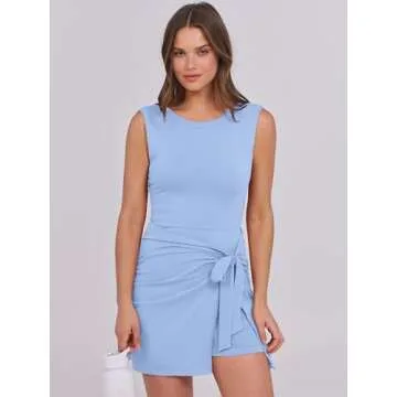 Caracilia Women Tennis Dress Built in Shorts Summer Sleeveless Bodycon Tie Cinched Waist Mini Athletic Romper Skort Dresses Sky Blue Large