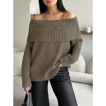 Saodimallsu Womens Off The Shoulder Sweaters Long Sleeve Slouchy Knitted Casual Loose Fall Trendy Pullover Tops