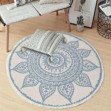 Seavish Round Area Rug, 4ft Blue and Cream Mandala Geometric Chic Bohemian Mandala Print with Hand Woven Tassels Living Room Circle Carpet, Indoor Floor Area Mat Compatible Bedroom, Children Playroom