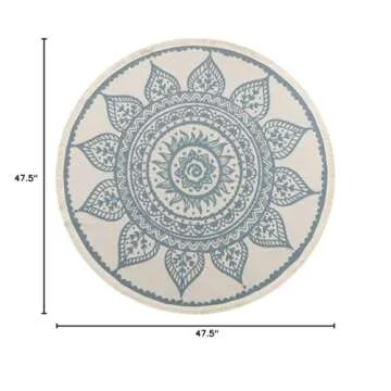 Seavish Round Area Rug, 4ft Blue and Cream Mandala Geometric Chic Bohemian Mandala Print with Hand Woven Tassels Living Room Circle Carpet, Indoor Floor Area Mat Compatible Bedroom, Children Playroom