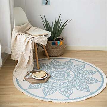 Seavish Round Area Rug, 4ft Blue and Cream Mandala Geometric Chic Bohemian Mandala Print with Hand Woven Tassels Living Room Circle Carpet, Indoor Floor Area Mat Compatible Bedroom, Children Playroom