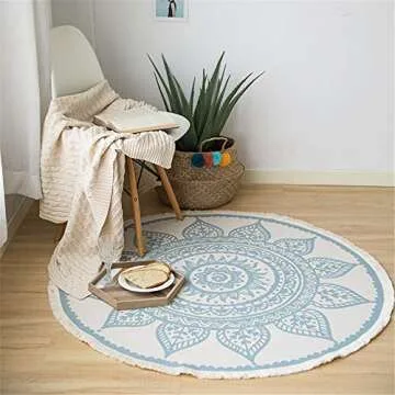 Seavish Round Area Rug, 4ft Blue and Cream Mandala Geometric Chic Bohemian Mandala Print with Hand Woven Tassels Living Room Circle Carpet, Indoor Floor Area Mat Compatible Bedroom, Children Playroom