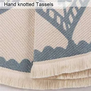 Seavish Round Area Rug, 4ft Blue and Cream Mandala Geometric Chic Bohemian Mandala Print with Hand Woven Tassels Living Room Circle Carpet, Indoor Floor Area Mat Compatible Bedroom, Children Playroom