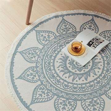Seavish Round Area Rug, 4ft Blue and Cream Mandala Geometric Chic Bohemian Mandala Print with Hand Woven Tassels Living Room Circle Carpet, Indoor Floor Area Mat Compatible Bedroom, Children Playroom