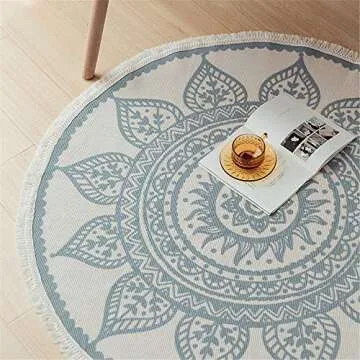 Seavish Round Area Rug, 4ft Blue and Cream Mandala Geometric Chic Bohemian Mandala Print with Hand Woven Tassels Living Room Circle Carpet, Indoor Floor Area Mat Compatible Bedroom, Children Playroom