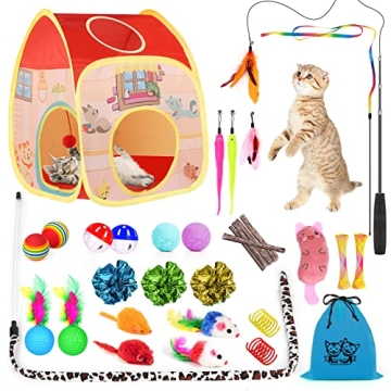 34Pcs Cat Toys Kitten Toys, Interactive Cat Toys Set with Collapsible Cat Tunnels Tent for Indoor Ca...