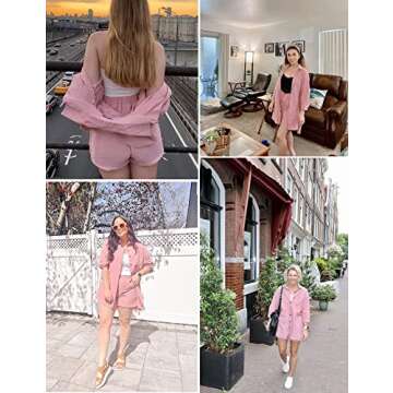 Zeagoo Womens Coordinated Outfit Lounge Track Suits Sets Loose Top Shirt and Shorts with Pockets, Dark Pink, Small