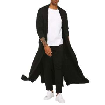 COOFANDY Men's Lightweight Ruffle Shawl Collar Cardigan Open Front Long Length Drape Cape Overcoat Black