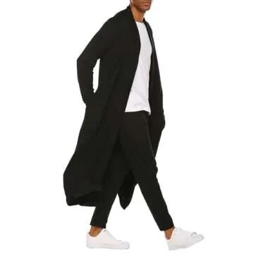 COOFANDY Men's Lightweight Ruffle Shawl Collar Cardigan Open Front Long Length Drape Cape Overcoat Black
