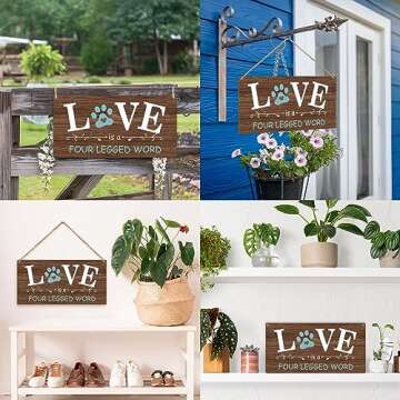 Love is a Four Legged Word Dog Lover Rustic Wooden Hanging Sign Decor, Front Door Wall Decor Sign Wood Plaque for Farmhouse Garden Home Porch Entryway, Pet Paw Hanging Wall Art Gift (1 pack)-09