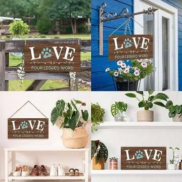 Love is a Four Legged Word Dog Lover Rustic Wooden Hanging Sign Decor, Front Door Wall Decor Sign Wood Plaque for Farmhouse Garden Home Porch Entryway, Pet Paw Hanging Wall Art Gift (1 pack)-09