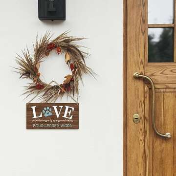Love is a Four Legged Word Dog Lover Rustic Wooden Hanging Sign Decor, Front Door Wall Decor Sign Wood Plaque for Farmhouse Garden Home Porch Entryway, Pet Paw Hanging Wall Art Gift (1 pack)-09